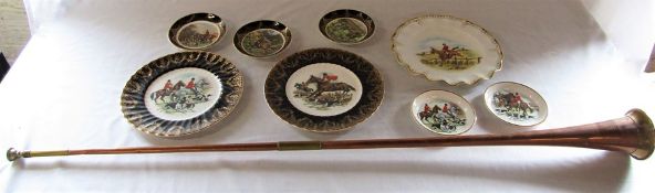 Selection of hunting plates inc Royal Crown Derby & a brass and copper hunting horn