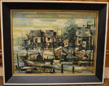 Abstract oil on board of a harbour scene signed S Meng '61 frame size 73cm by 59cm
