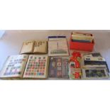 Box of Royal Mail mint stamps and First Day covers, stamp booklets (good postal value) and 2 old