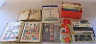 Box of Royal Mail mint stamps and First Day covers, stamp booklets (good postal value) and 2 old