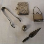 Silver vesta case Birmingham 1927, small silver bag on chain London 1992, silver trowel bookmark