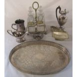 Various silver plate inc large tray, decanters (af), tankard etc