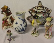 Small Victorian Ironstone tureen and 2 stands, Staffordshire type spill vase (restored), sparrow