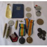 WWI medals awarded to Pte W E Pebardy 44912, coins inc 2 £5 coins and Britain's first decimal