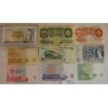 Various bank notes including a Scottish £5 set in perspex
