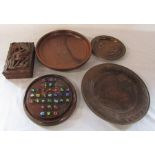 Various wooden bowls, solitaire board & box with carved dragon motif