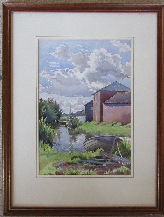 Framed watercolour of a moored boat by the riverside by Norwich artist Tom Griffiths (1902-1990)