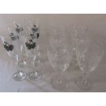 6 glass champagne flutes and grape design motif & 6 large crystal wine glasses / goblets