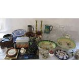 2 boxes of assorted ceramics and glassware inc Aynsley and Lilliput Lane, pair of brass candlesticks