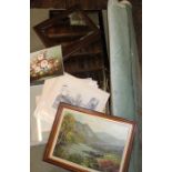 Lacquered wall mirror, oak framed mirror, selection of Lincoln prints & 2 oil paintings, rolls of