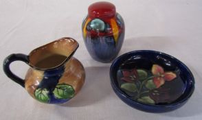 Small Moorcroft bowl D 12 cm (chip/repair to rim), Poole lidded vase H 10 cm & a H & K Tunstall jug