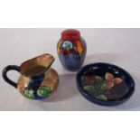 Small Moorcroft bowl D 12 cm (chip/repair to rim), Poole lidded vase H 10 cm & a H & K Tunstall jug