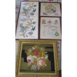 Assorted framed needlework inc Festival of Britain 1951 and bouquet of flowers