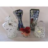 Various coloured glassware inc Vincenza Collection large handbag H 21 cm and bustiere / torso H 25