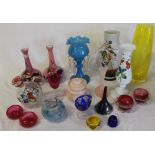 Selection of coloured glass including cranberry salts, opaque glass vase with hand-painted bird