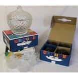 3 boxes of crown green bowls & lidded glass punch bowl with 6 glasses