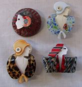 Set of 4 Lea Stein style brooches Art Deco ladies design (all new)