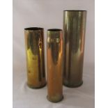 3 WWI and WWII brass shell cases - H 29 cm 1918, 30 cm 1940 and 36.5 cm 1941