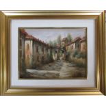 Gilt framed oil on canvas of an Italian village street by Fervin 60 cm x 50 cm (size including