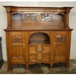 Large late Victorian Arts & Crafts influence sideboard / court cupboard in oak with leaded glass