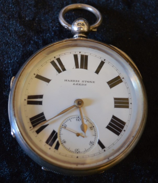 Victorian silver case pocket watch makers name Harris Stone, Leeds to both dial & works. Hall mark