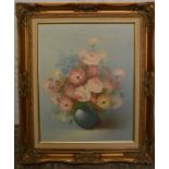 Oil on canvas still life of flowers in a vase signed T Matthews. Frame size 67cm by 57cm