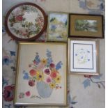 Selection of needlework framed pictures inc vase of flowers, print etc
