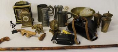 Pewter tankards, brass lidded vessels, walking stick, Russian binoculars, Voigtlander camera,