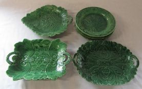 Selection of green glaze majolica leaf plates