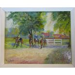 L C Smith Impressionist oil on board of jockeys on horseback with stables in the background,