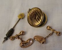 9ct gold locket, pr 9ct gold cufflinks and gold tie pin