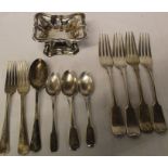 3 Georgian silver teaspoons, Mappin & Webb silver rat tail dessert spoon & 2 forks Sheffield 1915 (