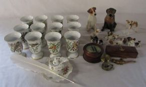 12 porcelain bird goblets, inkwell and pen, compass,  boatswain's whistle and dog figurines etc