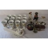 12 porcelain bird goblets, inkwell and pen, compass,  boatswain's whistle and dog figurines etc