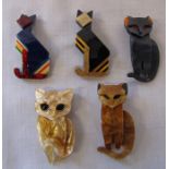 Set of 5 Lea Stein style cat brooches (all new)
