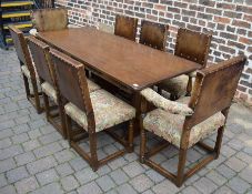 Oak refectory table 198 cm x 77 cm & 8 Cromwellian style leather back chairs including 2 carvers