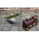 Trench art wooden spitfire and train