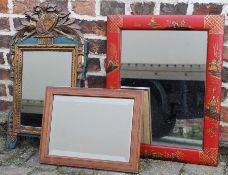 Japanese rectangular red lacquered mirror and 2 other mirrors