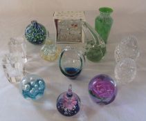 Large collection of paperweights inc 2 cut glass crystal paperweights, glass table and chair and