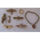 Selection of 9ct gold inc bracelet and brooches (2 brooches without pins) 15.9 g & a 22ct gold