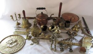 Quantity of brass and copper inc kettle, fire dogs, measures etc