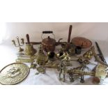 Quantity of brass and copper inc kettle, fire dogs, measures etc