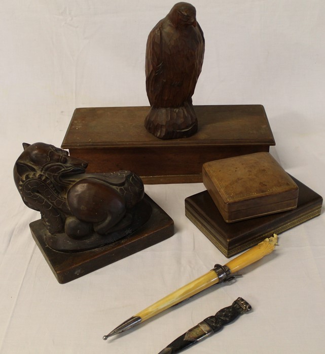 Carved wooden buzzard, Balinese carved wooden dragon , oak box, 2 leather boxes, framed Rugby school
