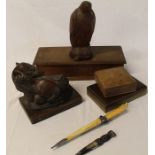 Carved wooden buzzard, Balinese carved wooden dragon , oak box, 2 leather boxes, framed Rugby school