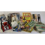 Selection of toys including shop display packs, Funny Flicks flip viewer, Barbie vintage dress,
