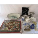 Various ceramics inc Royal Copenhagen, clock, small prayer mat and silver plate etc