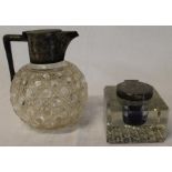 Large glass inkwell with silver collar and lid London 1904 and hobnail cut glass jug with silver