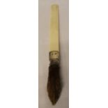 Silver mounted ivory page turner with taxidermy paw handle Chester 1927 inscribed "T A M Jack Feb