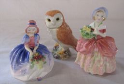 Small Royal Doulton 'Monica' HN1467 and 'Cissie' HN 1809 figurines and a Beswick owl no 2026