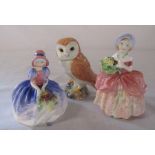 Small Royal Doulton 'Monica' HN1467 and 'Cissie' HN 1809 figurines and a Beswick owl no 2026